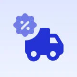 Icône bleue d'un camion de livraison avec un symbole de remise, illustration de livraison et promotion